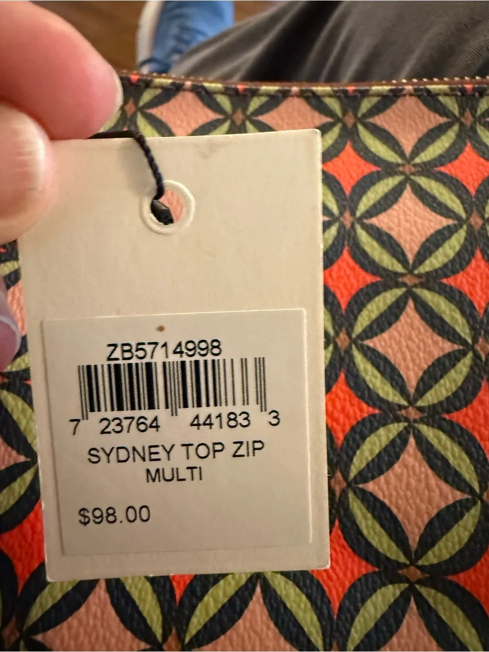 Fossil Sydney Pink Geometric Print Crossbody with Brown Leather Trim